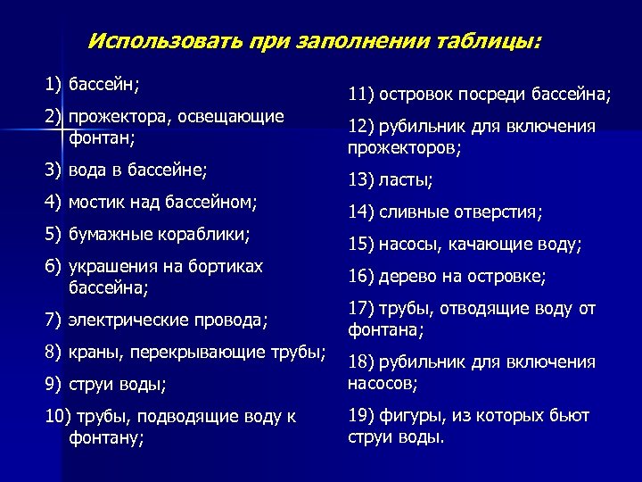 Использовать при заполнении таблицы: 1) бассейн; 2) прожектора, освещающие фонтан; 3) вода в бассейне;