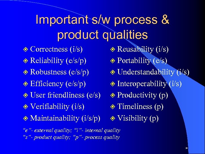 Important s/w process & product qualities ² Correctness (i/s) ² Reliability (e/s/p) ² Robustness