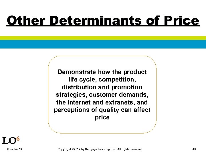 Other Determinants of Price Demonstrate how the product life cycle, competition, distribution and promotion