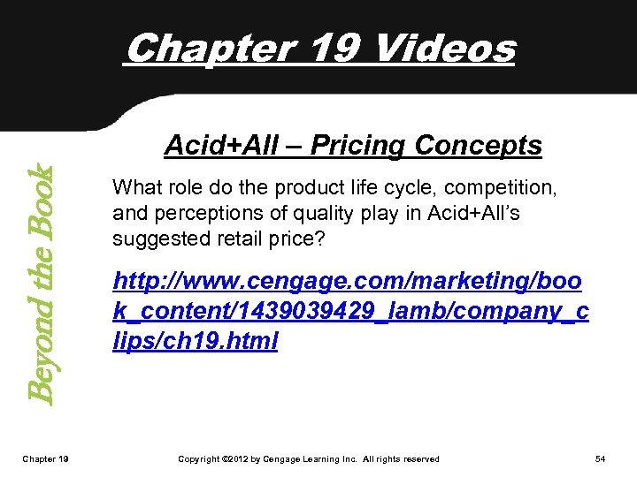 Chapter 19 Videos Beyond the Book Acid+All – Pricing Concepts Chapter 19 What role