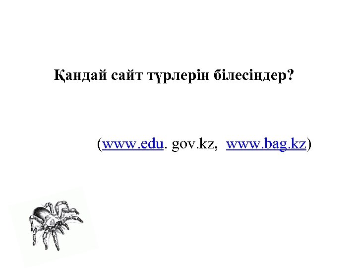 Қандай сайт түрлерін білесіңдер? (www. edu. gov. kz, www. bag. kz) 