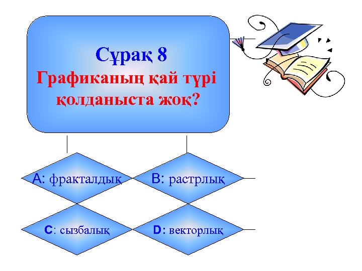Сұрақ 8 Графиканың қай түрі қолданыста жоқ? А: фракталдық B: растрлық C: сызбалық D: