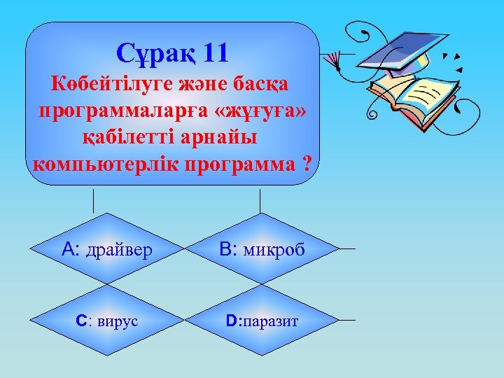 Сұрақ 11 Көбейтілуге және басқа программаларға «жұғуға» қабілетті арнайы компьютерлік программа ? А: драйвер