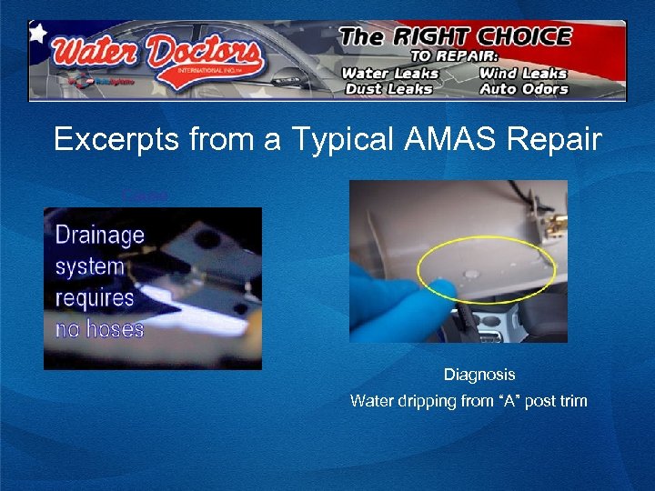 Excerpts from a Typical AMAS Repair Cause Diagnosis Water dripping from “A” post trim