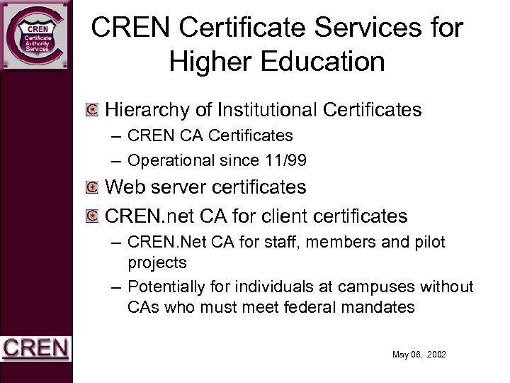 CREN Certificate Services for Higher Education Hierarchy of Institutional Certificates – CREN CA Certificates