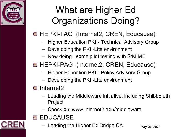What are Higher Ed Organizations Doing? HEPKI-TAG (Internet 2, CREN, Educause) – Higher Education