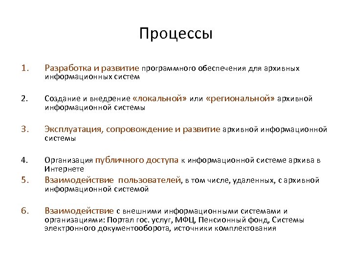 Процессы 1. Разработка и развитие программного обеспечения для архивных 2. Создание и внедрение «локальной»