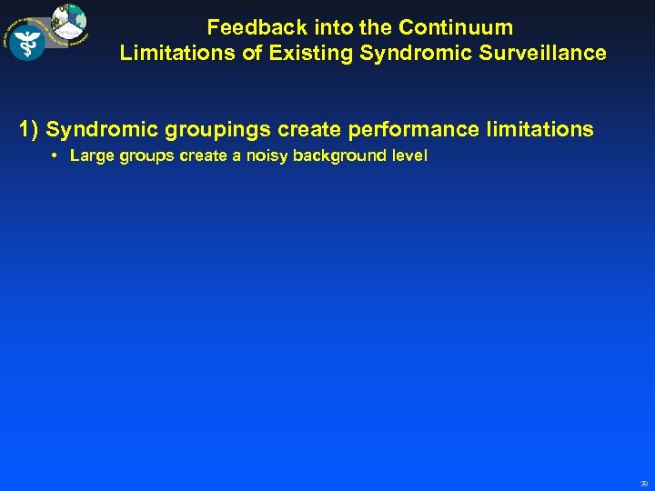 Feedback into the Continuum Limitations of Existing Syndromic Surveillance 1) Syndromic groupings create performance