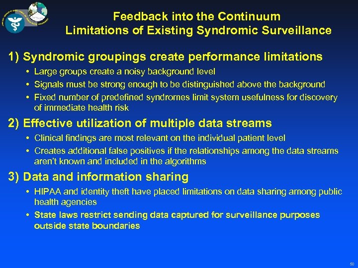 Feedback into the Continuum Limitations of Existing Syndromic Surveillance 1) Syndromic groupings create performance