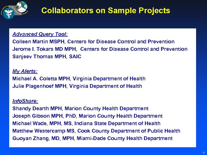 Collaborators on Sample Projects Advanced Query Tool: Colleen Martin MSPH, Centers for Disease Control