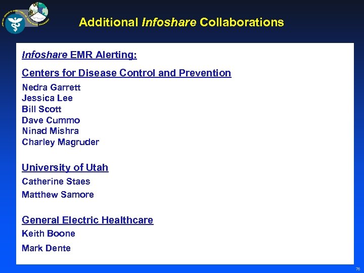 Additional Infoshare Collaborations Infoshare EMR Alerting: Centers for Disease Control and Prevention Nedra Garrett
