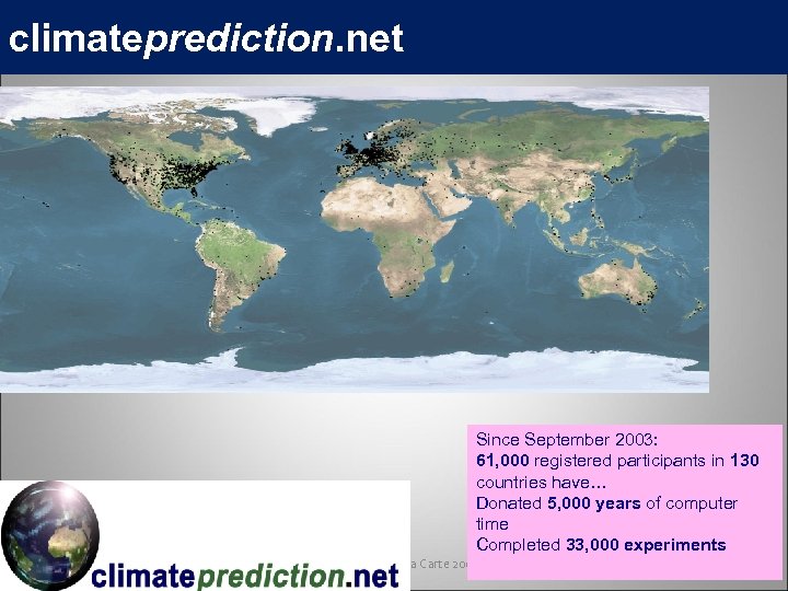 climateprediction. net Since September 2003: 61, 000 registered participants in 130 countries have… Donated