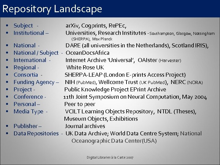 Repository Landscape • Subject - ar. Xiv, Cogprints, Re. PEc, • Institutional – Universities,
