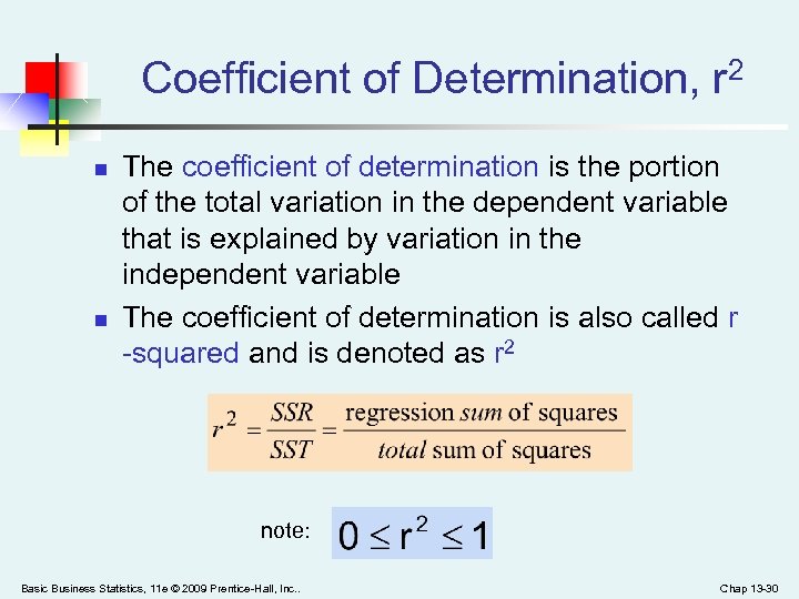 Coefficient of Determination, r 2 n n The coefficient of determination is the portion