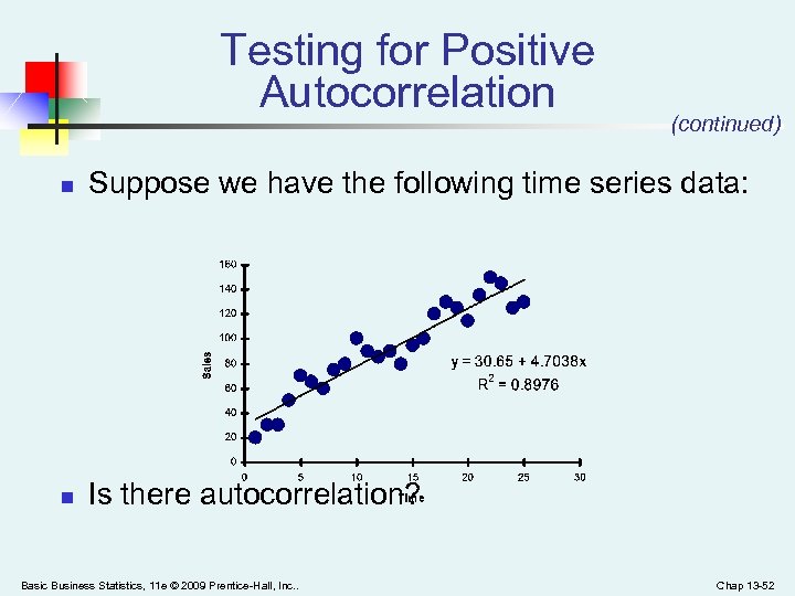 Testing for Positive Autocorrelation (continued) n Suppose we have the following time series data: