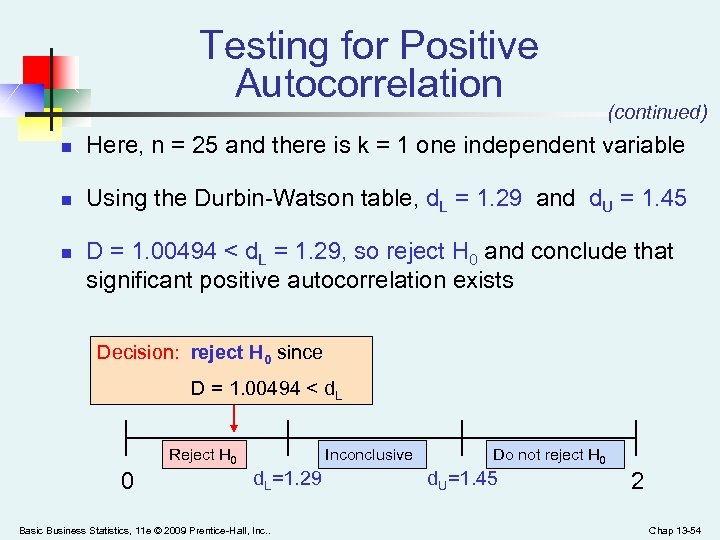 Testing for Positive Autocorrelation (continued) n Here, n = 25 and there is k