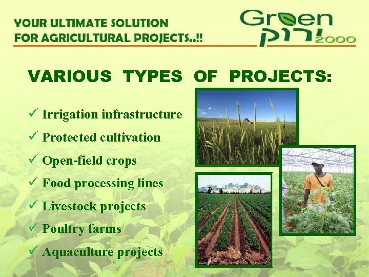 VARIOUS TYPES OF PROJECTS: ü Irrigation infrastructure ü Protected cultivation ü Open-field crops ü