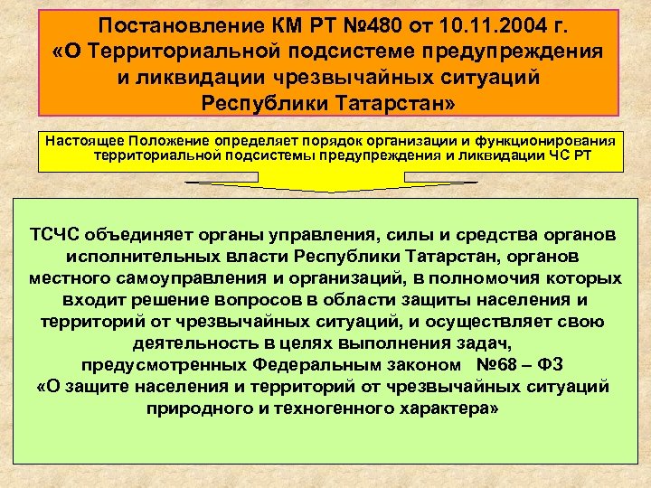 Постановление КМ РТ № 480 от 10. 11. 2004 г. «О Территориальной подсистеме предупреждения