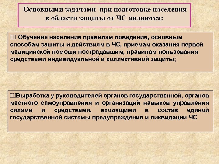 Основными задачами при подготовке населения в области защиты от ЧС являются: Ш Обучение населения