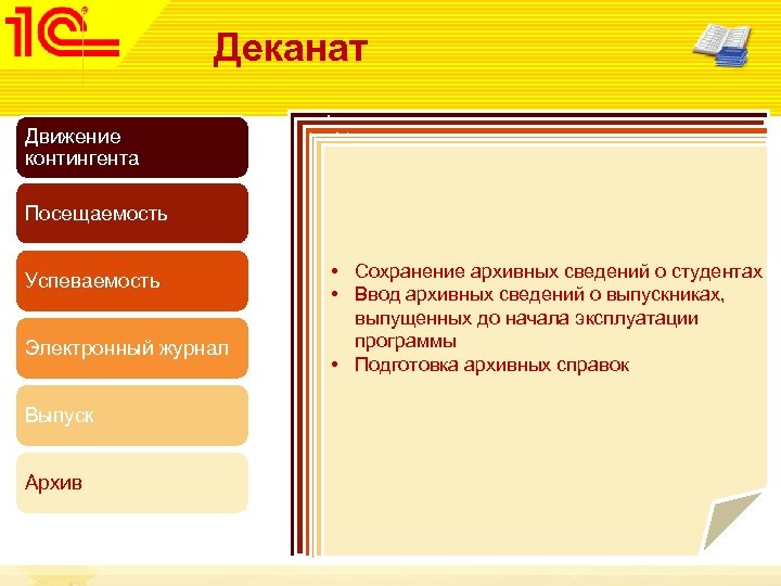 Деканат Движение контингента Посещаемость Успеваемость Электронный журнал Выпуск Архив • Формирование приказов о движении