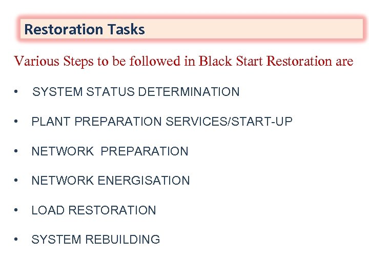 Restoration Tasks Various Steps to be followed in Black Start Restoration are • SYSTEM