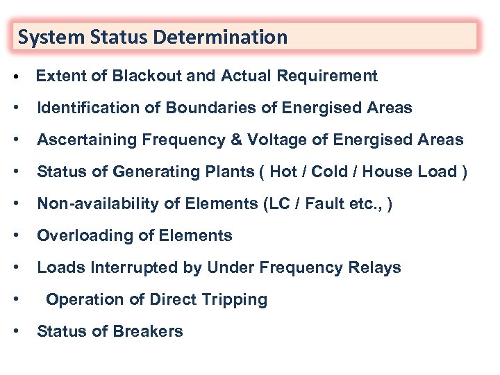 System Status Determination • Extent of Blackout and Actual Requirement • Identification of Boundaries