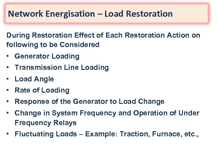 Network Energisation – Load Restoration During Restoration Effect of Each Restoration Action on following