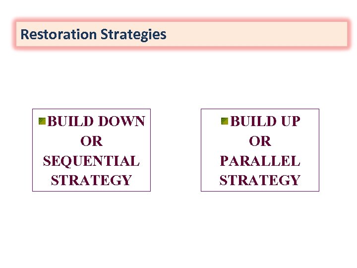 Restoration Strategies BUILD DOWN OR SEQUENTIAL STRATEGY BUILD UP OR PARALLEL STRATEGY 