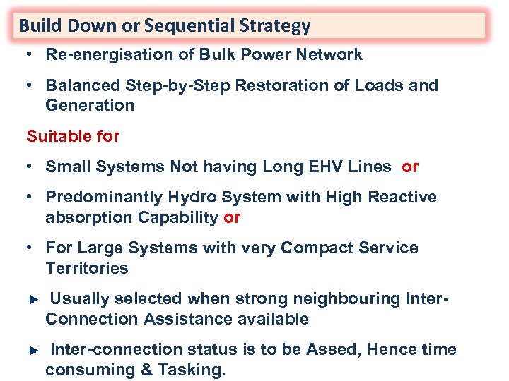 Build Down or Sequential Strategy • Re-energisation of Bulk Power Network • Balanced Step-by-Step