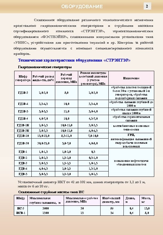 ОБОРУДОВАНИЕ 2 Скважинное оборудование различного технологического назначения представлено гидродинамическими сертифицированного комплекса генераторами «СТРЭНТЭР» ,