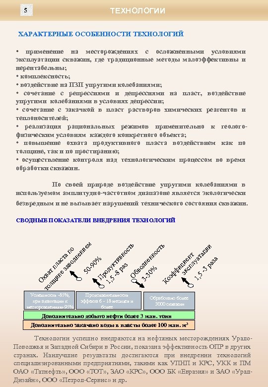 5 ТЕХНОЛОГИИ ХАРАКТЕРНЫЕ ОСОБЕННОСТИ ТЕХНОЛОГИЙ • применение на месторождениях с осложненными условиями эксплуатации скважин,