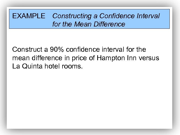 EXAMPLE Constructing a Confidence Interval for the Mean Difference Construct a 90% confidence interval