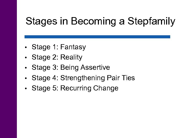 Stages in Becoming a Stepfamily • • • Stage 1: Fantasy Stage 2: Reality