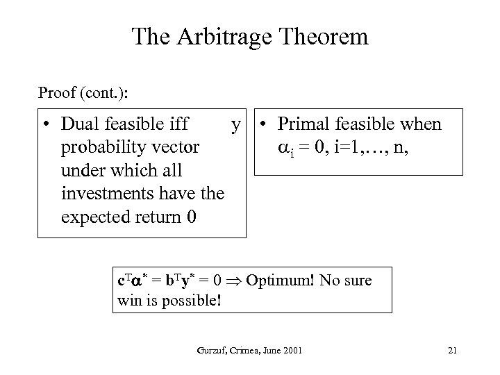 The Arbitrage Theorem Proof (cont. ): • Dual feasible iff y • Primal feasible