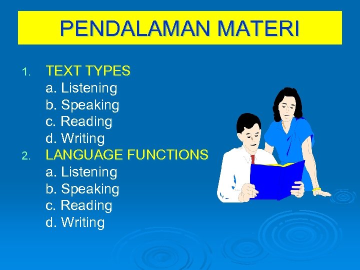 PENDALAMAN MATERI TEXT TYPES a. Listening b. Speaking c. Reading d. Writing 2. LANGUAGE