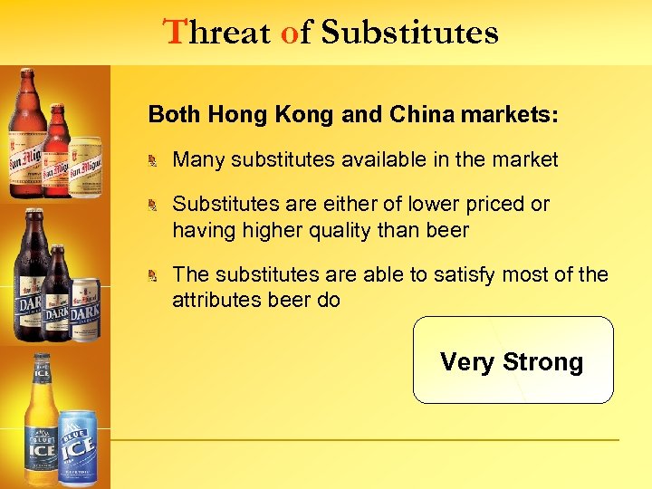 Threat of Substitutes Both Hong Kong and China markets: Many substitutes available in the