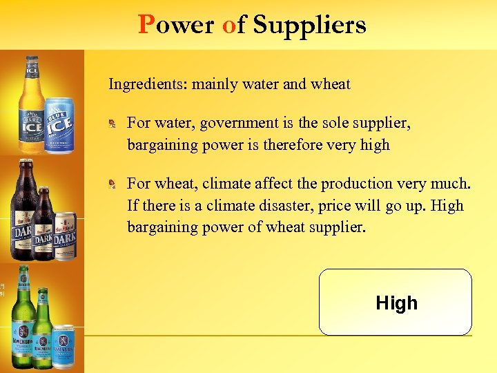 Power of Suppliers Ingredients: mainly water and wheat For water, government is the sole