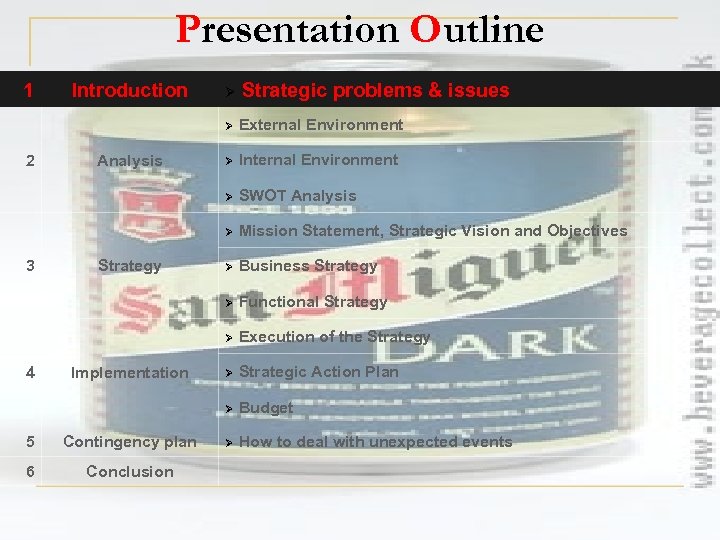 Presentation Outline 1 5 Contingency plan 6 Conclusion SWOT Analysis Mission Statement, Strategic Vision