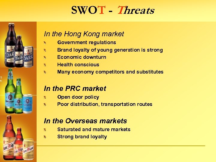 SWOT - Threats In the Hong Kong market Government regulations Brand loyalty of young