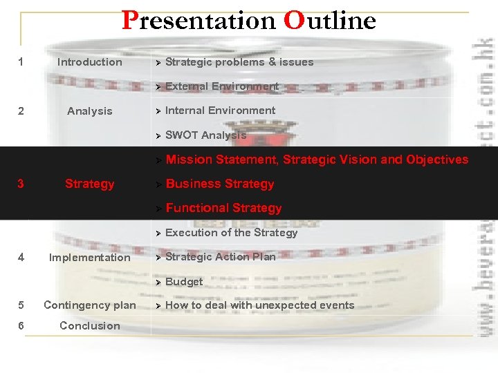 Presentation Outline 1 5 Contingency plan 6 Conclusion SWOT Analysis Mission Statement, Strategic Vision