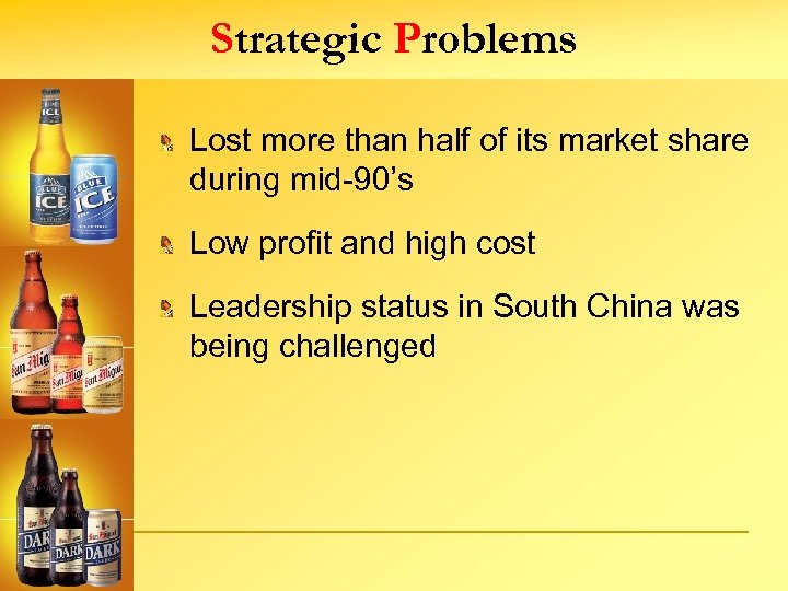 Strategic Problems Lost more than half of its market share during mid-90’s Low profit