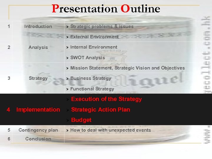 Presentation Outline 1 5 Contingency plan 6 Conclusion SWOT Analysis Mission Statement, Strategic Vision
