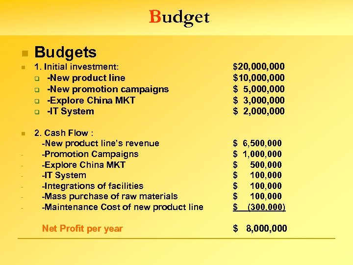 Budget n Budgets n 1. Initial investment: q q n - -New product line