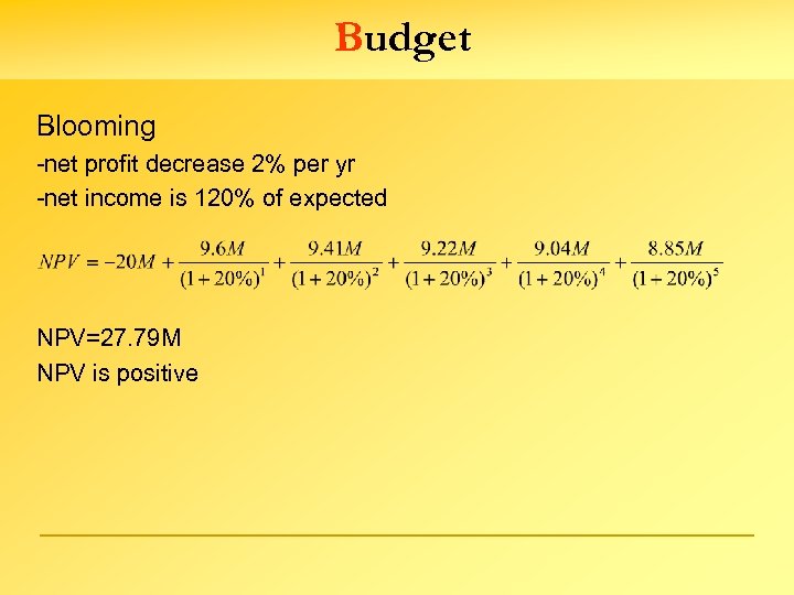 Budget Blooming -net profit decrease 2% per yr -net income is 120% of expected