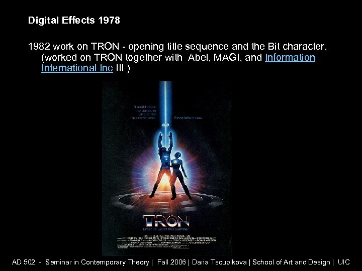 Digital Effects 1978 1982 work on TRON - opening title sequence and the Bit