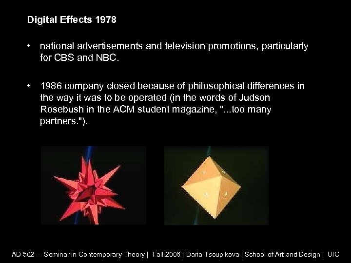Digital Effects 1978 • national advertisements and television promotions, particularly for CBS and NBC.
