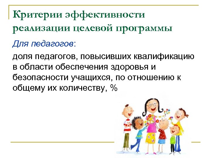 Критерии эффективности реализации целевой программы Для педагогов: доля педагогов, повысивших квалификацию в области обеспечения