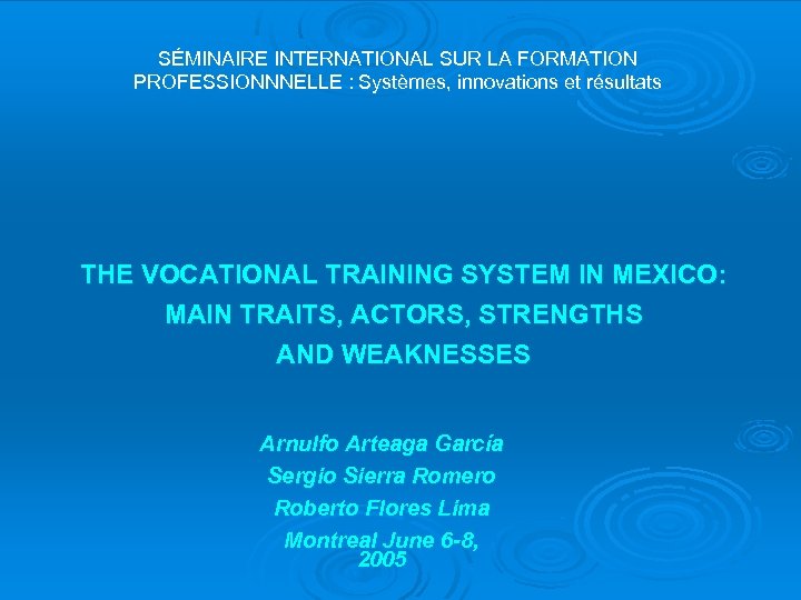 SÉMINAIRE INTERNATIONAL SUR LA FORMATION PROFESSIONNNELLE : Systèmes, innovations et résultats THE VOCATIONAL TRAINING