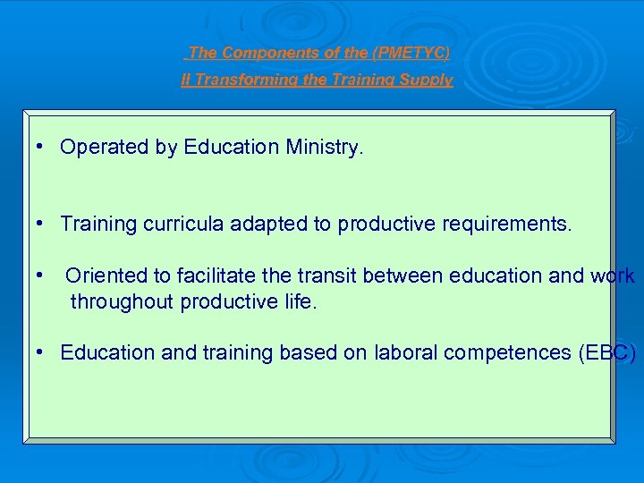 The Components of the (PMETYC) II Transforming the Training Supply • Operated by Education