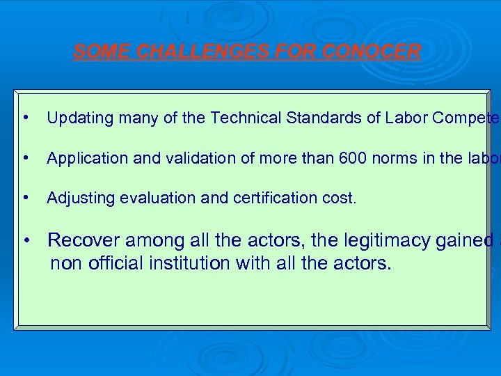 SOME CHALLENGES FOR CONOCER • Updating many of the Technical Standards of Labor Competen